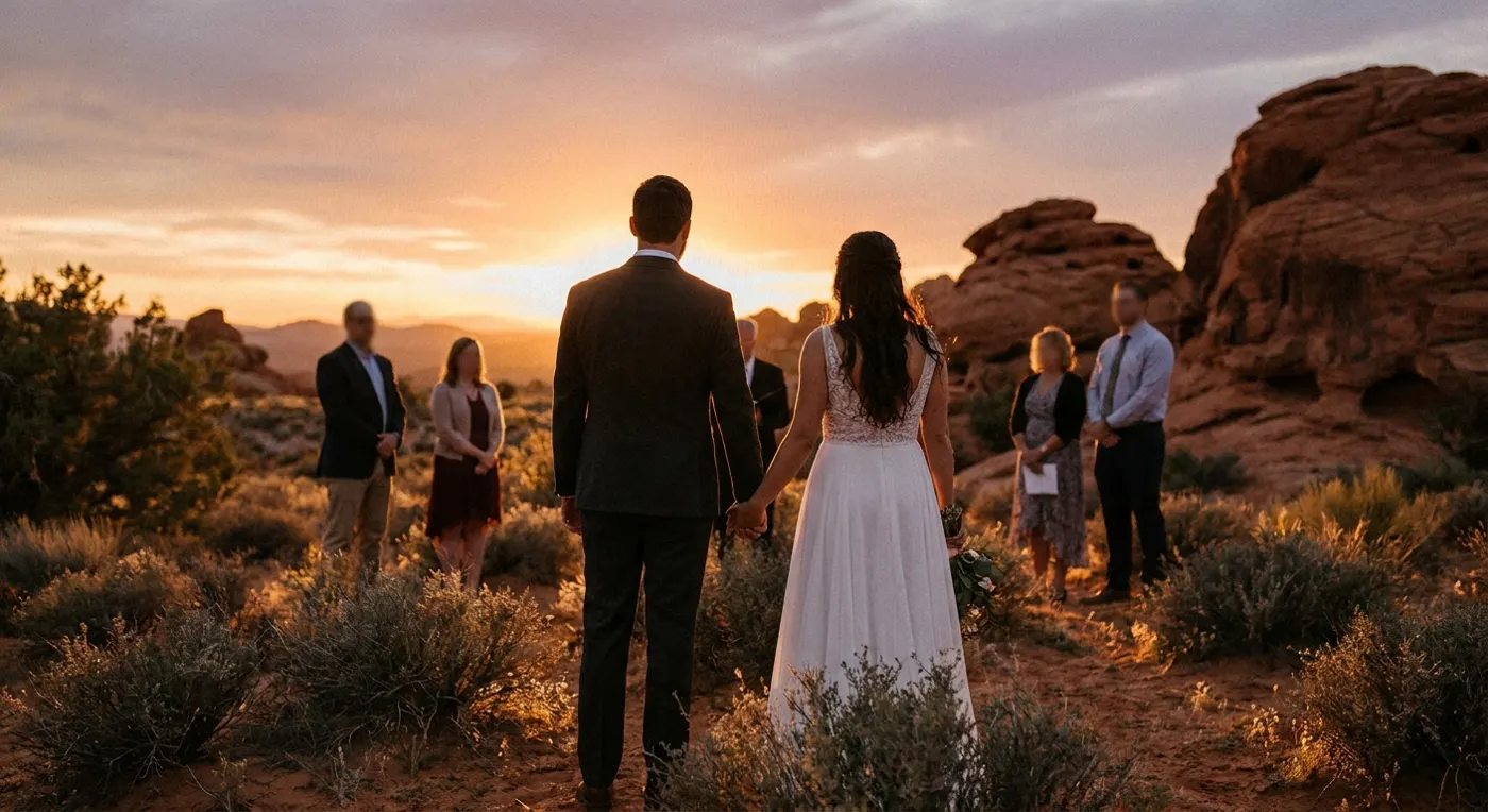 Couple at a ceremony arch among red rock formations at sunset