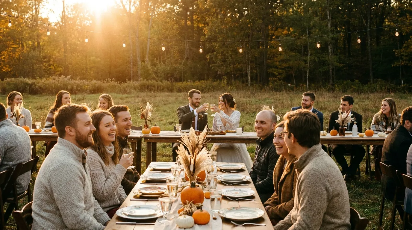 Autumn reception at golden hour with pumpkins on long tables