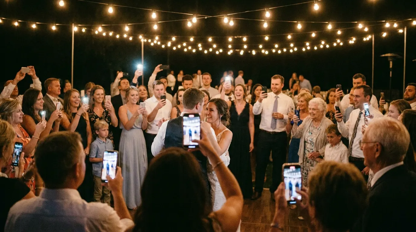 Reception guests holding up phones to photograph the couple dancing