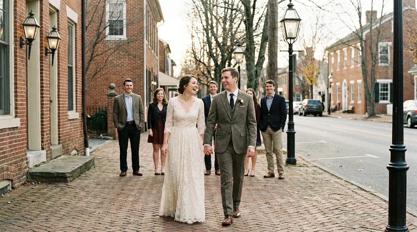 Newlyweds walking down a brick sidewalk in a historic downtown