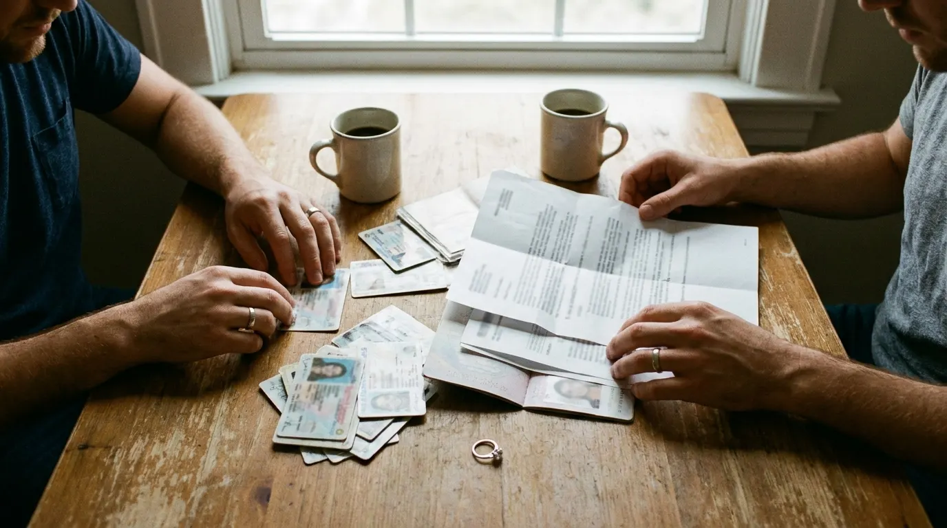 Couple sorting photo IDs and paperwork on a kitchen table