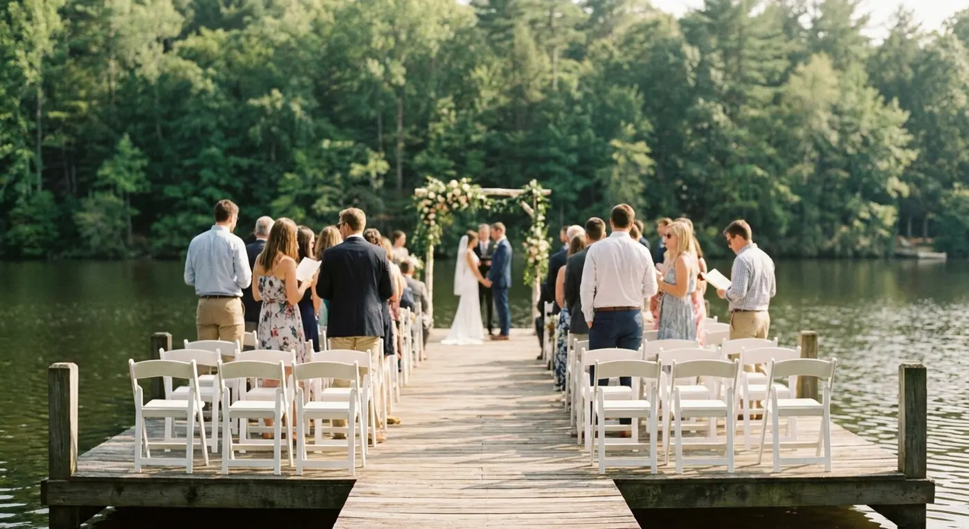 Lakeside dock set up for a small wedding ceremony