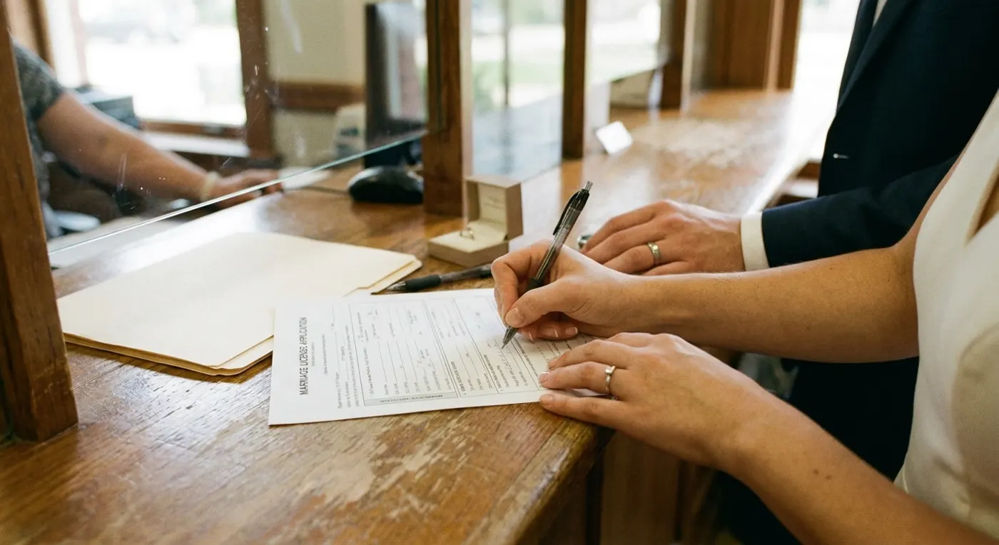 Couple signing a marriage license at a county clerk counter