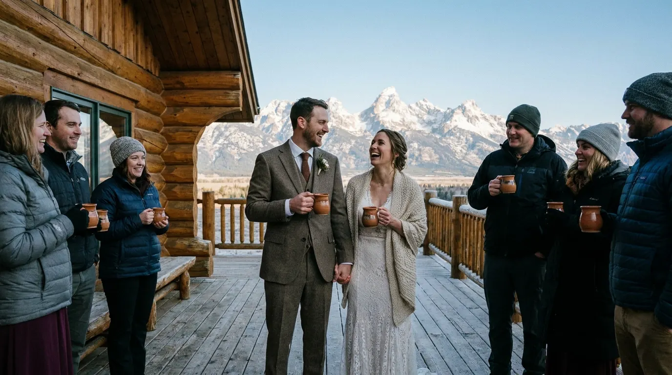 Couple on the deck of a mountain lodge with snowy peaks behind