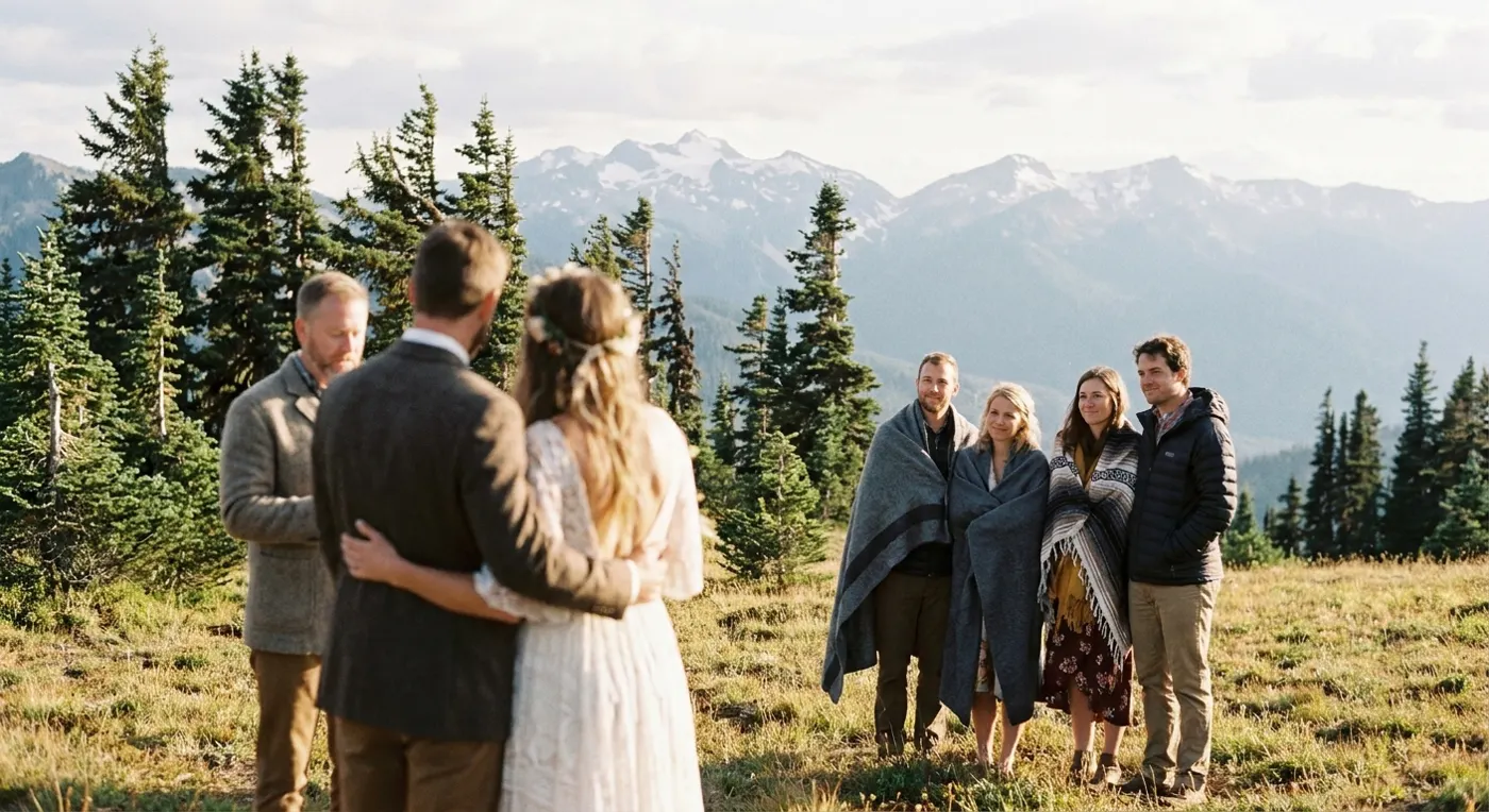 Ceremony in an alpine meadow with mountain peaks behind the guests