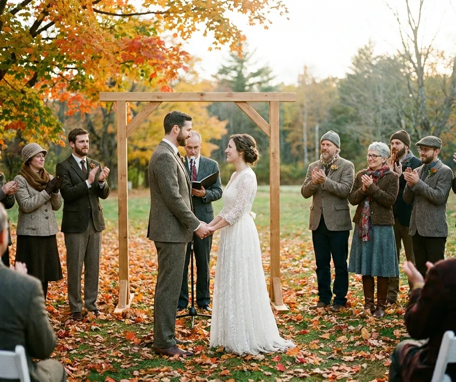Couple marrying among red and orange fall leaves as guests look on