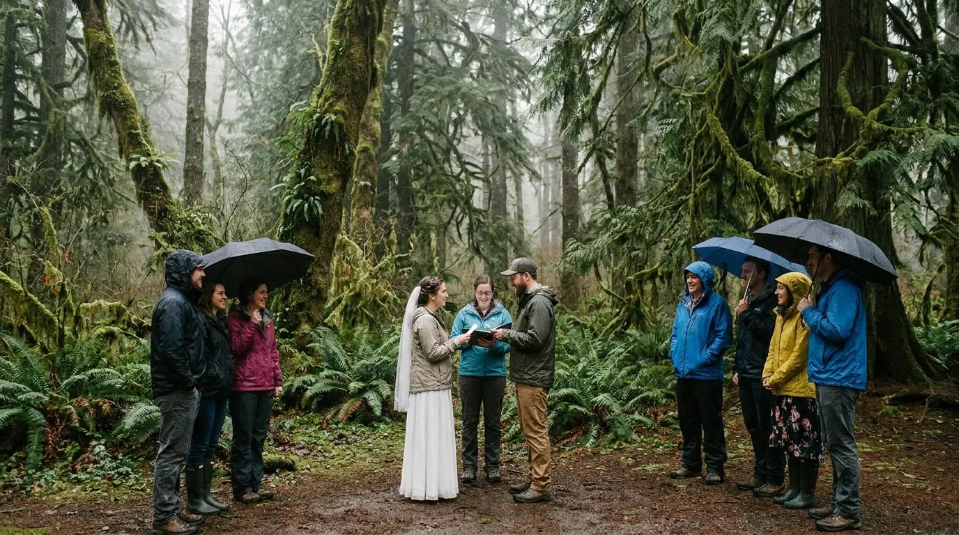 Couple exchanging vows in a misty evergreen forest with a few guests