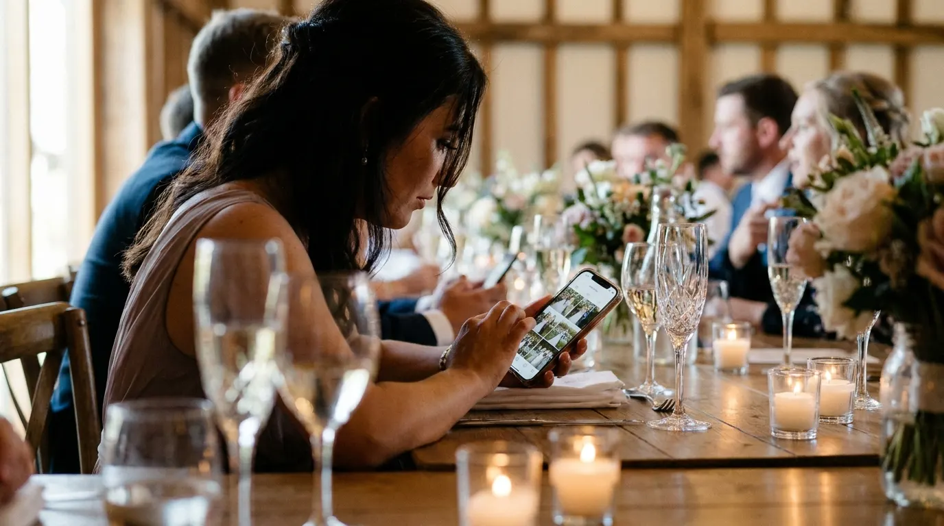 Wedding guest scrolling a grid of wedding photos on her phone