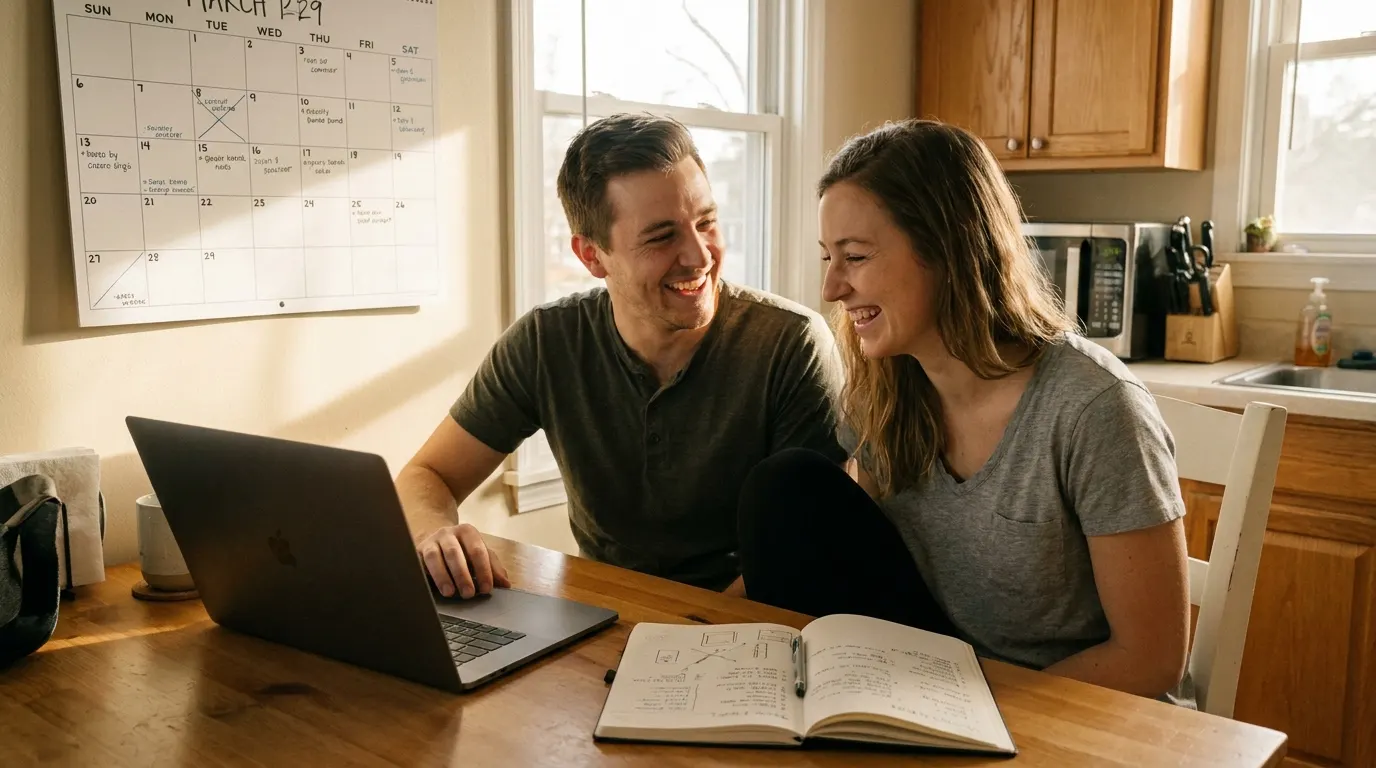 Engaged couple planning at a kitchen table with a laptop and calendar