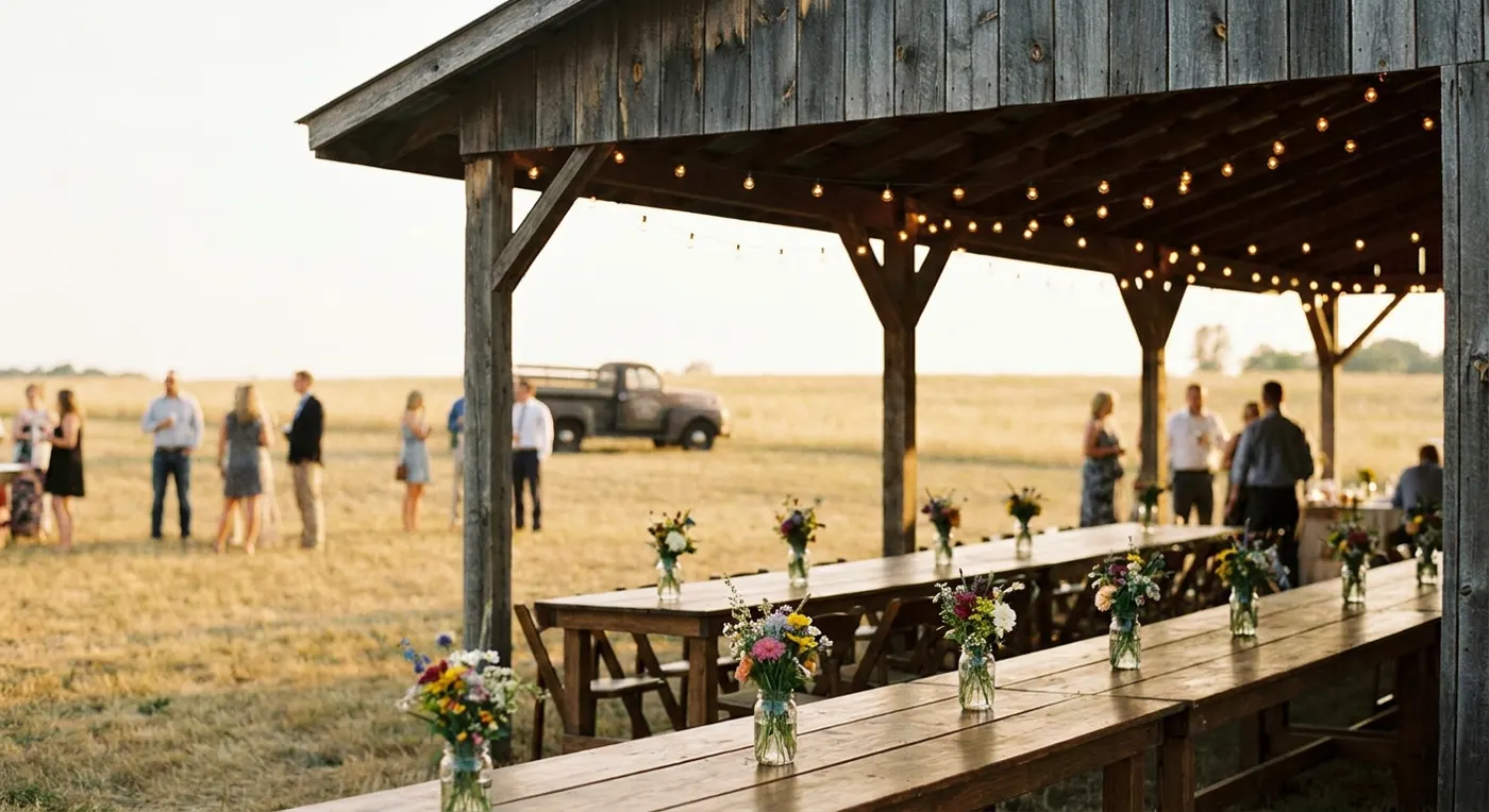 Barn pavilion with string lights over reception tables at dusk