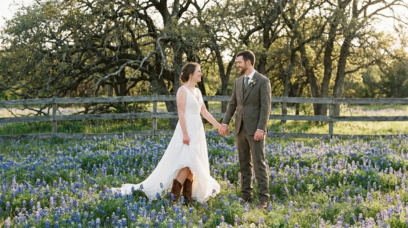 Couple in a field of blue wildflowers by a ranch fence
