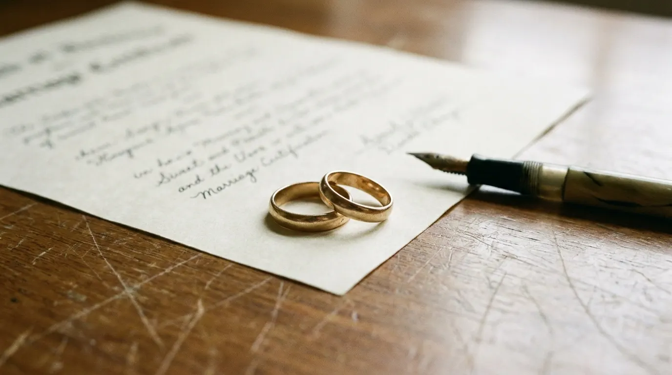 Two wedding rings resting on a signed marriage certificate