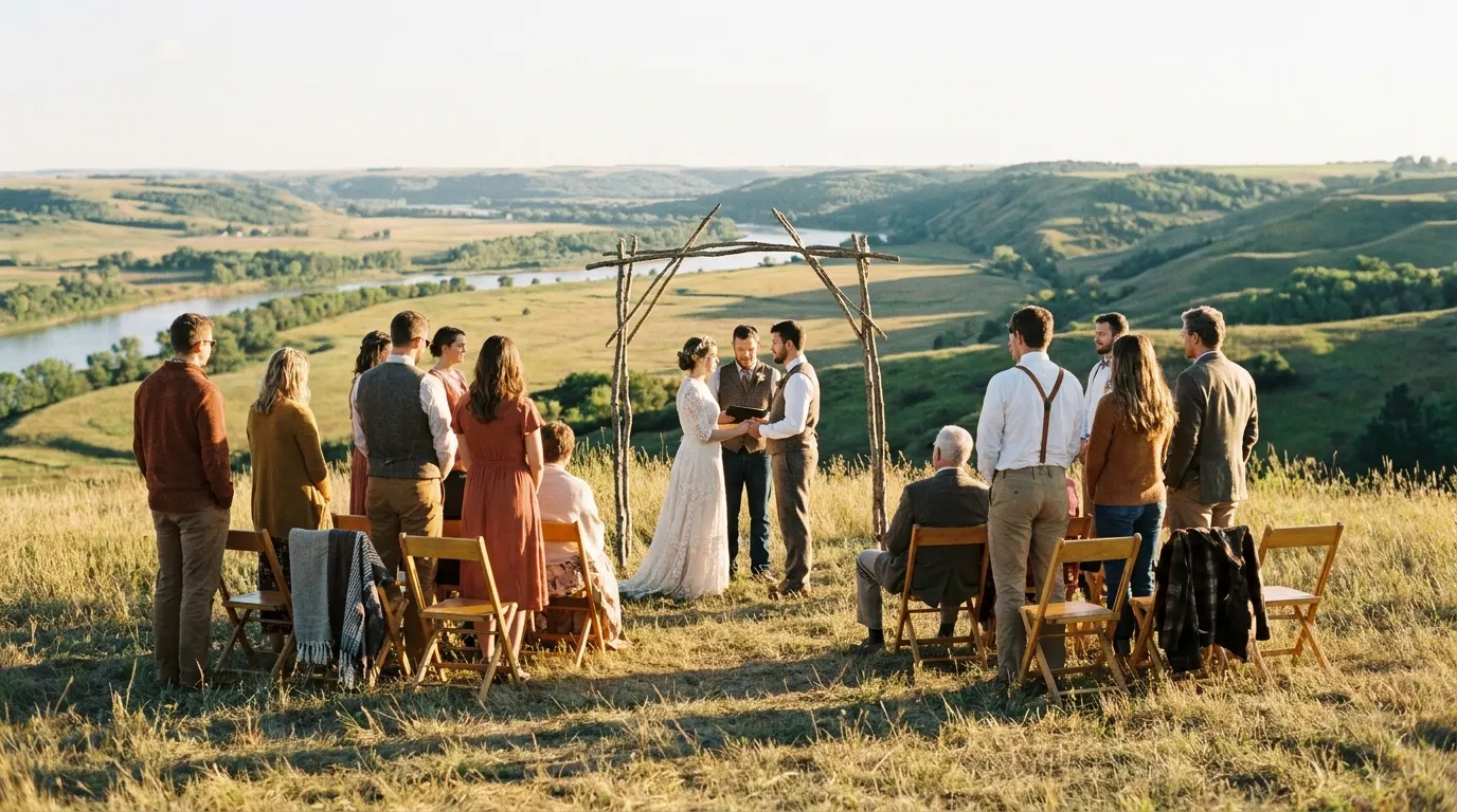 Small ceremony on a grassy bluff above a wide river valley