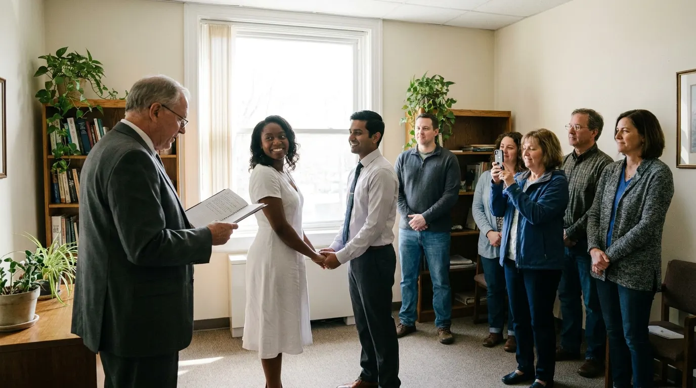 Officiant reading vows to a couple in a small ceremony room