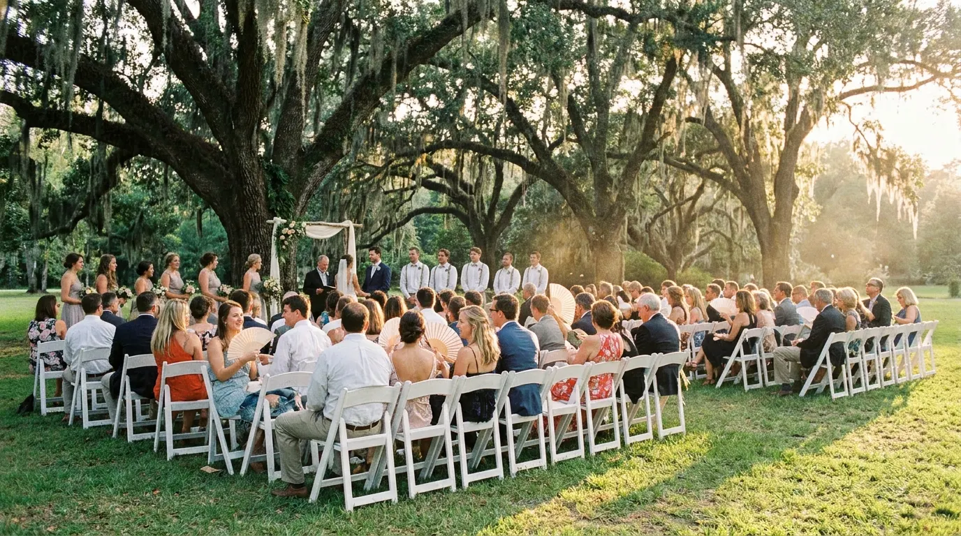 Outdoor ceremony under live oaks draped in Spanish moss