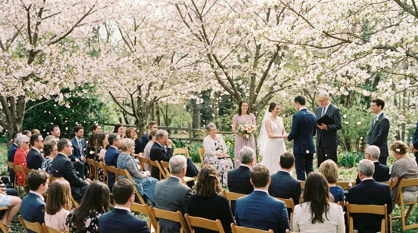 Garden ceremony under spring blossoms with petals falling