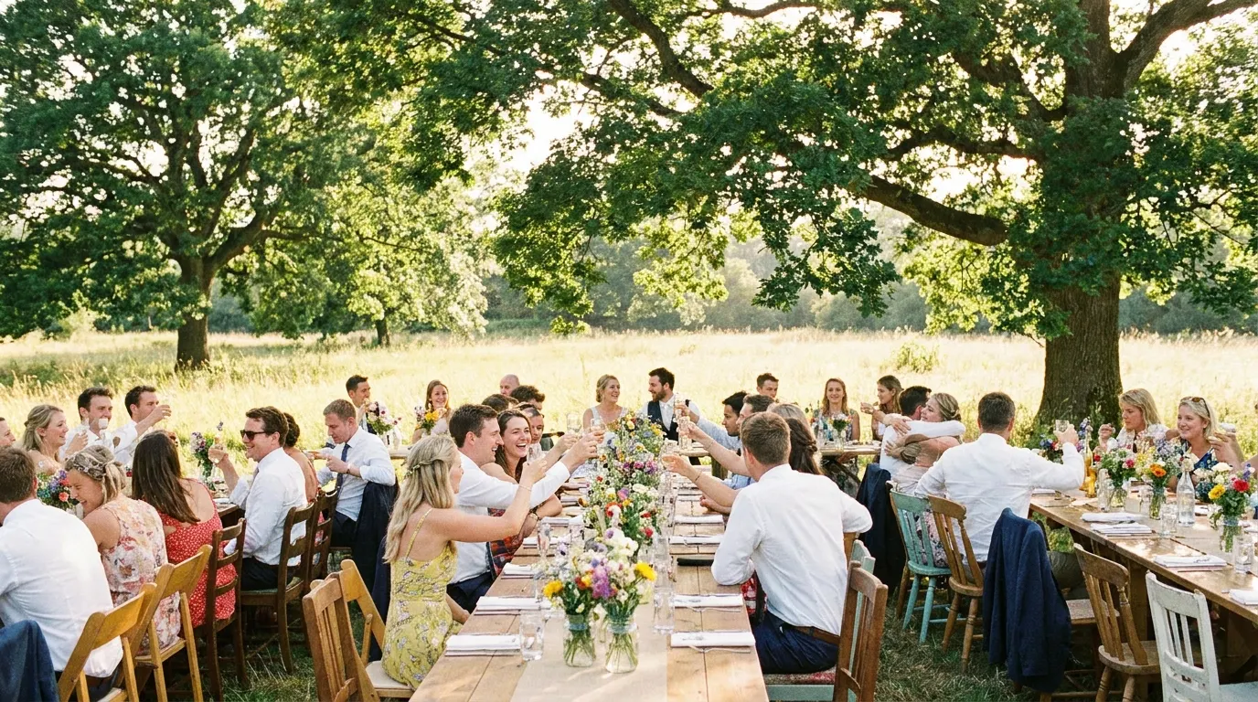 Summer reception at long tables under shade trees