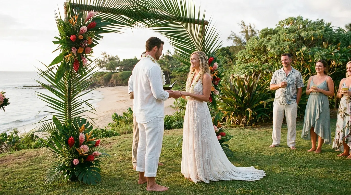 Barefoot couple marrying in a tropical garden by the ocean
