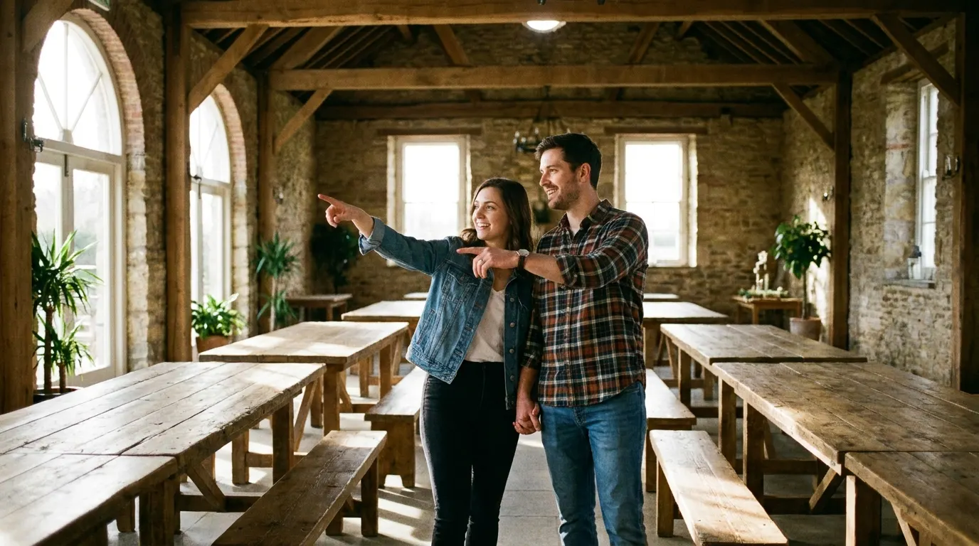 Engaged couple touring an empty rustic reception hall