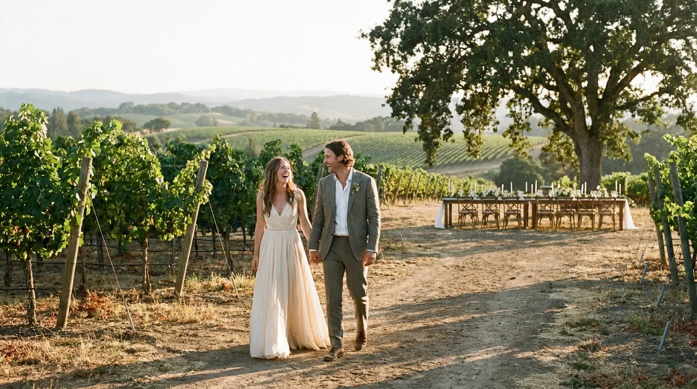 Wedding couple walking between vineyard rows at golden hour