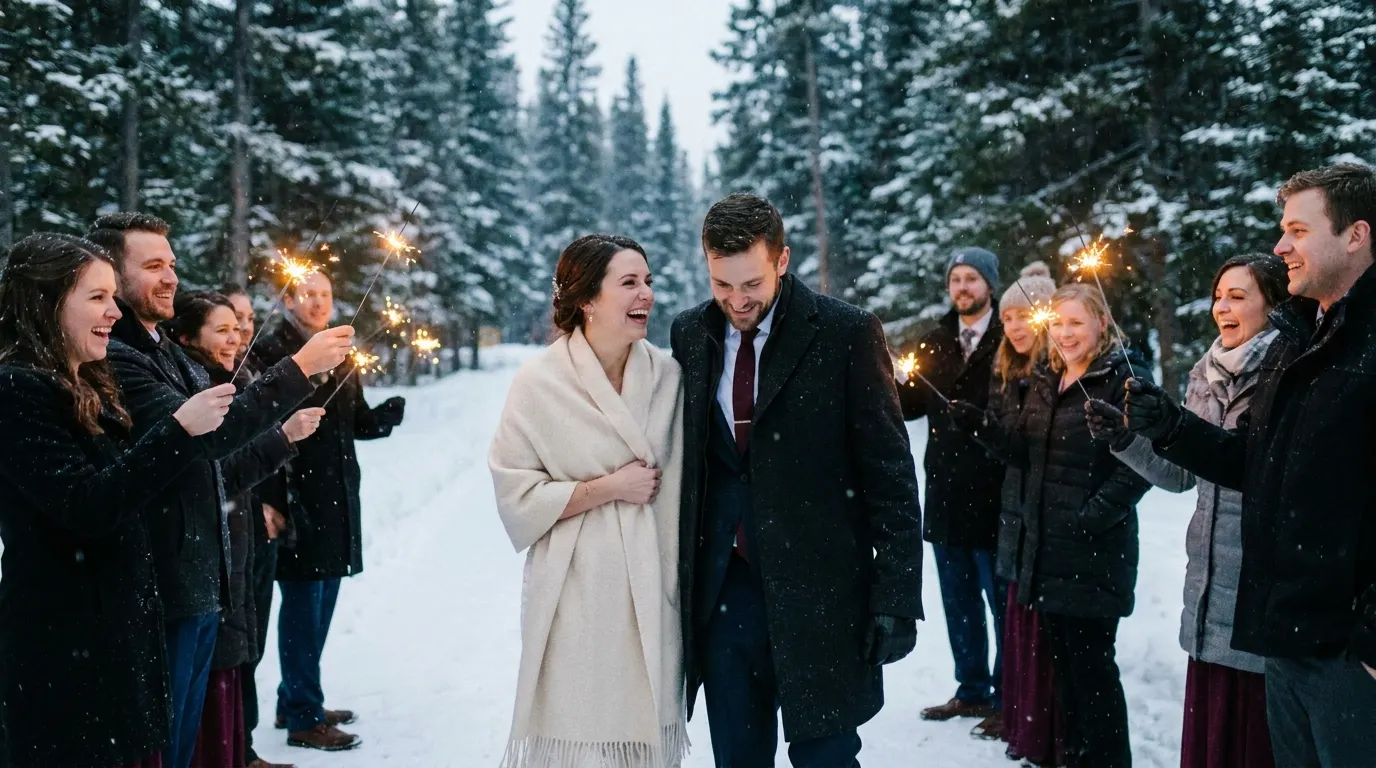 Winter wedding couple in light snowfall among evergreens