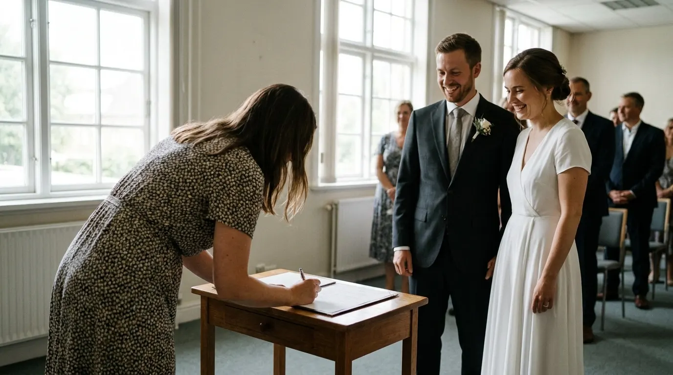 Friend signing a marriage certificate as a witness