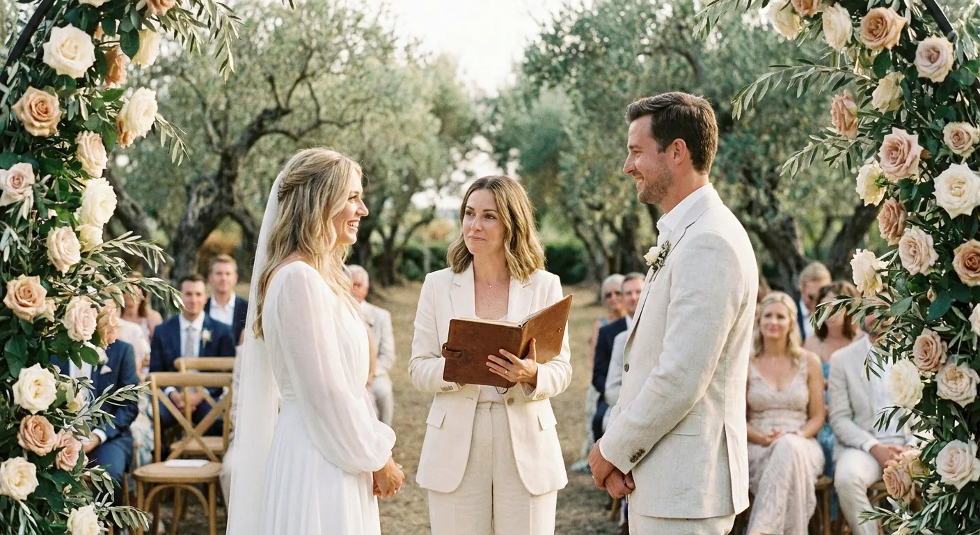 A friend officiating a garden wedding under a rose arch, reading from a leather notebook