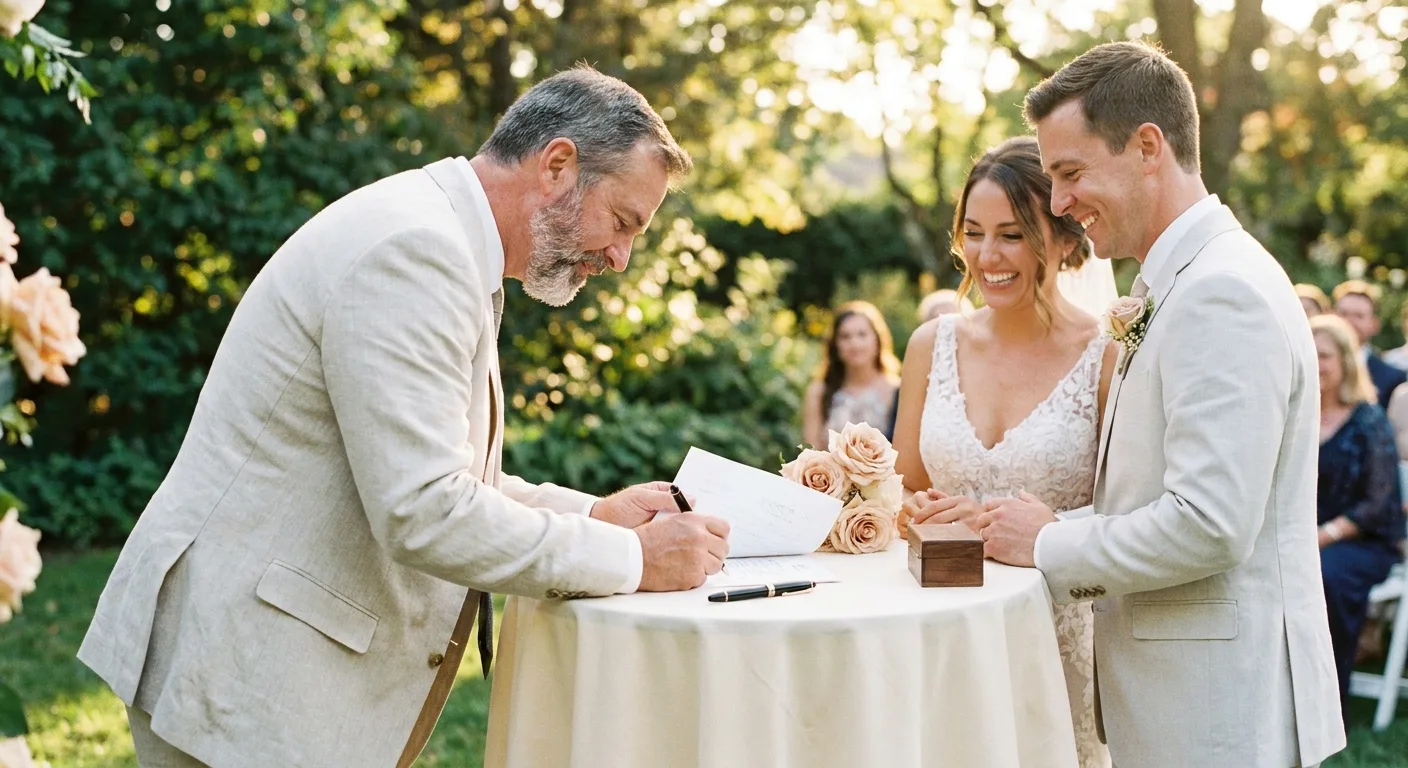 Officiant signing the marriage license at a garden table beside the couple