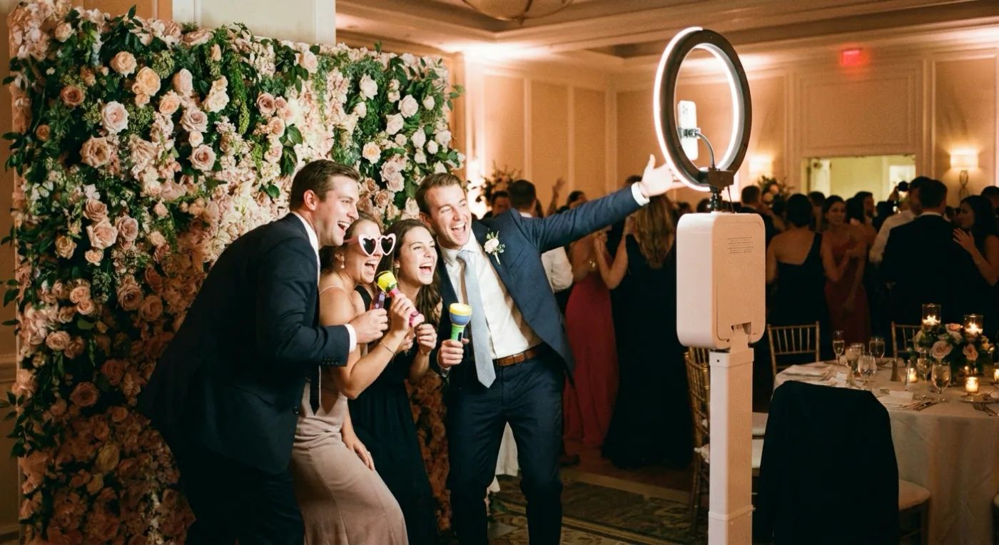 Wedding guests posing with props in front of a flower wall at an open-air photo booth with a ring light (illustrative photo)