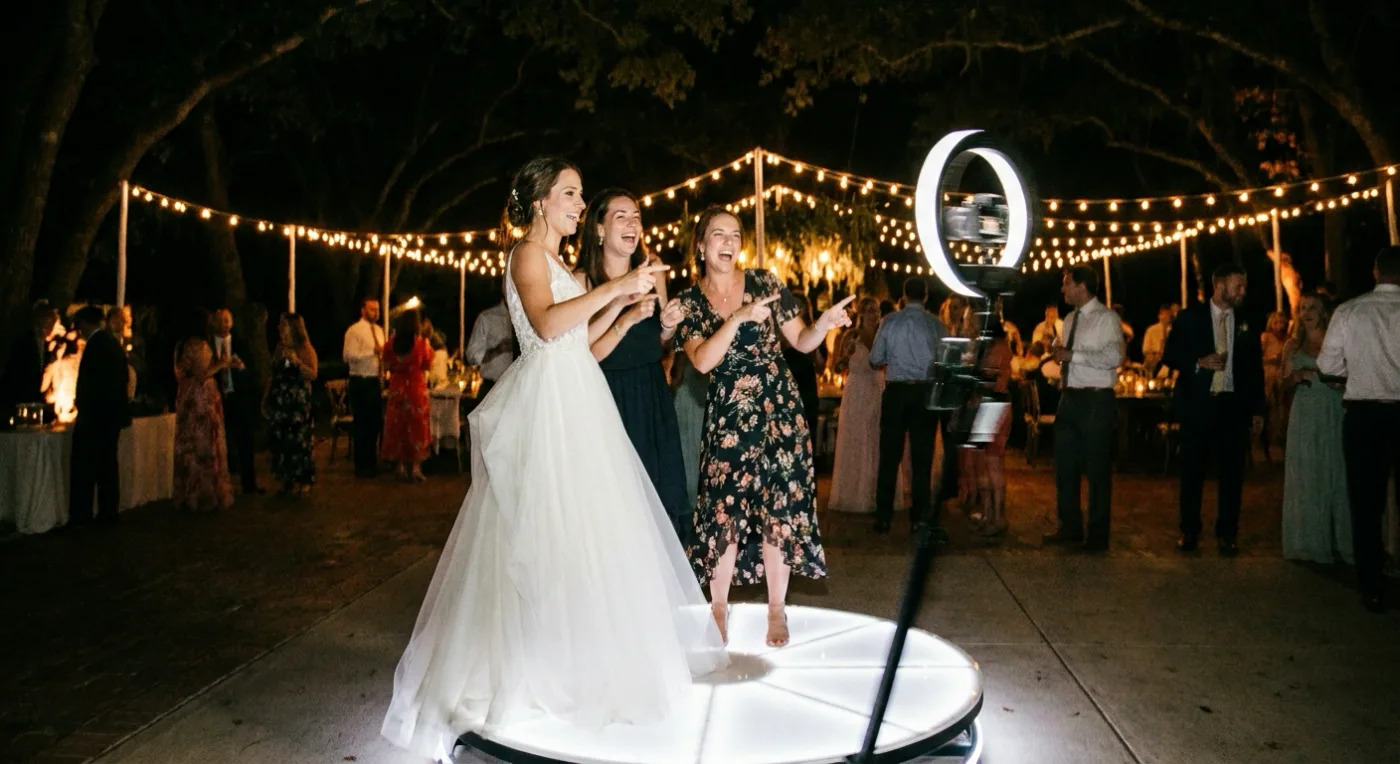 A bride and two friends on a lit 360 photo booth platform at an outdoor evening reception (illustrative photo)