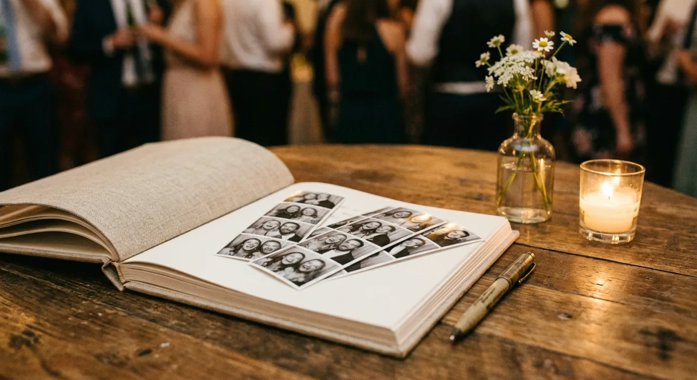 Black and white photo booth strips glued into an open wedding guestbook beside a candle (illustrative photo)