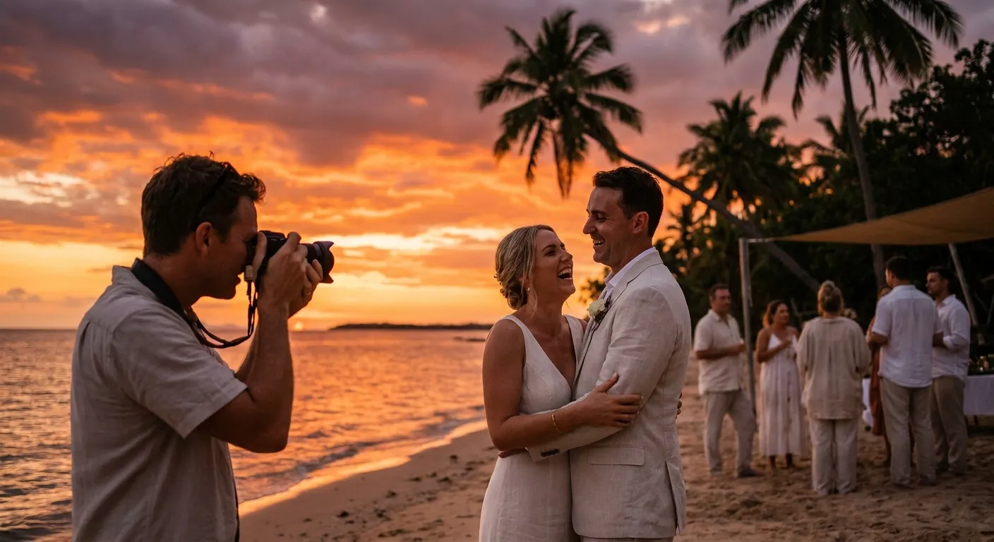 A photographer photographing a couple on a tropical beach at sunset with guests behind