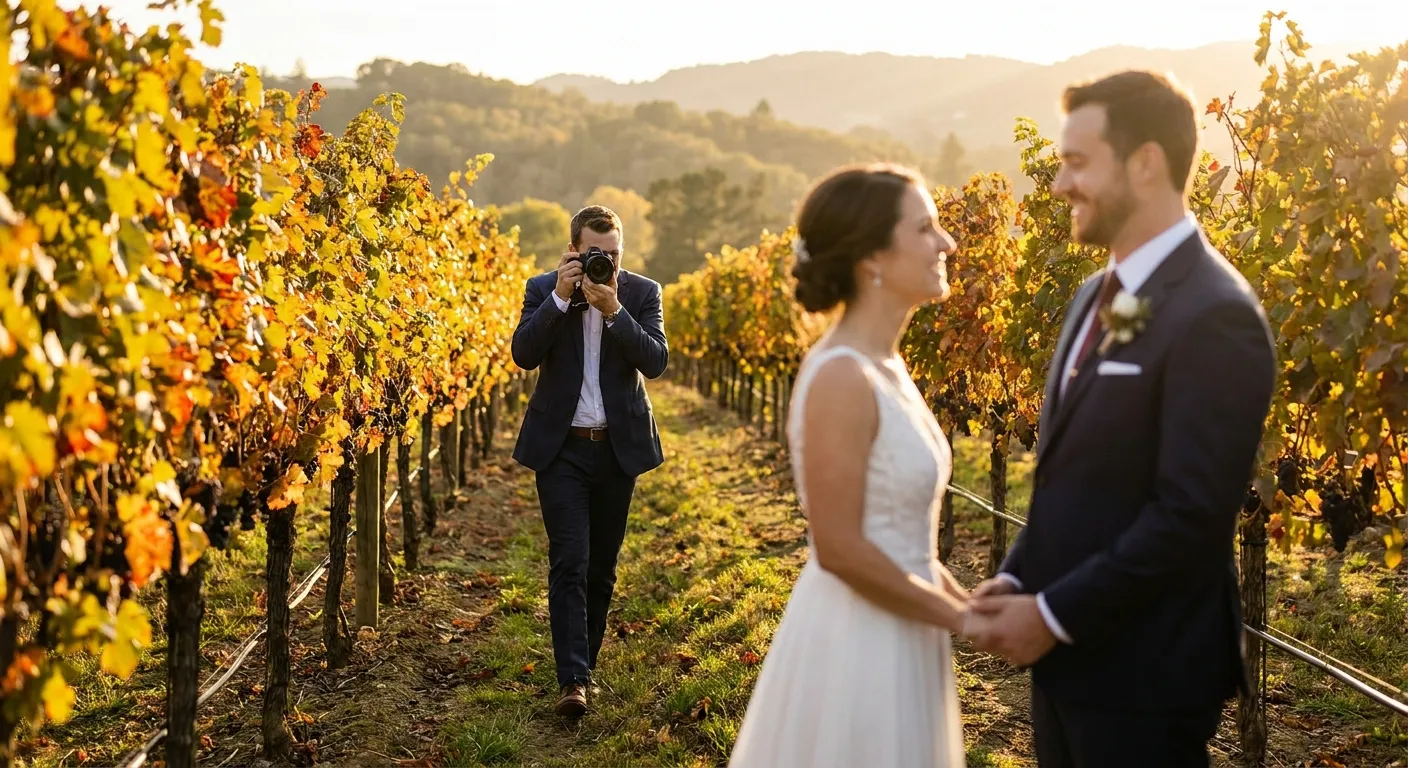 A wedding photographer walking backwards through autumn vine rows to photograph a couple