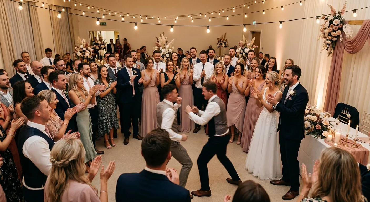 Wedding guests in a circle cheering a dance-off while the couple claps