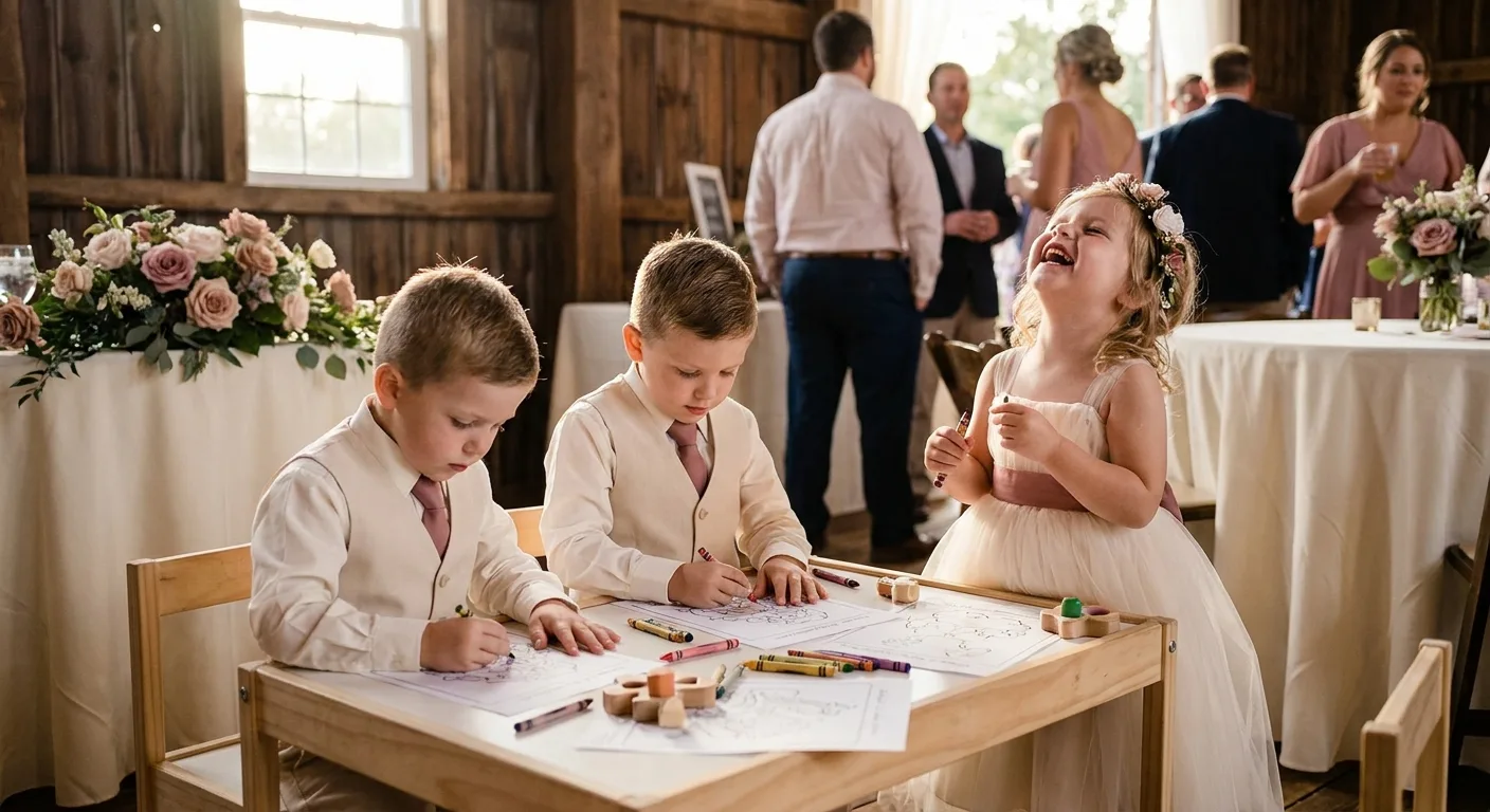 Children in formal wear coloring at a kids table during a barn wedding reception