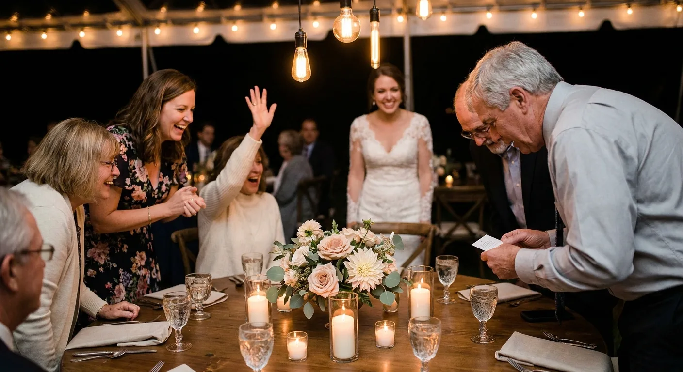 Wedding guests at a candlelit reception table mid-game, one raising a hand to answer